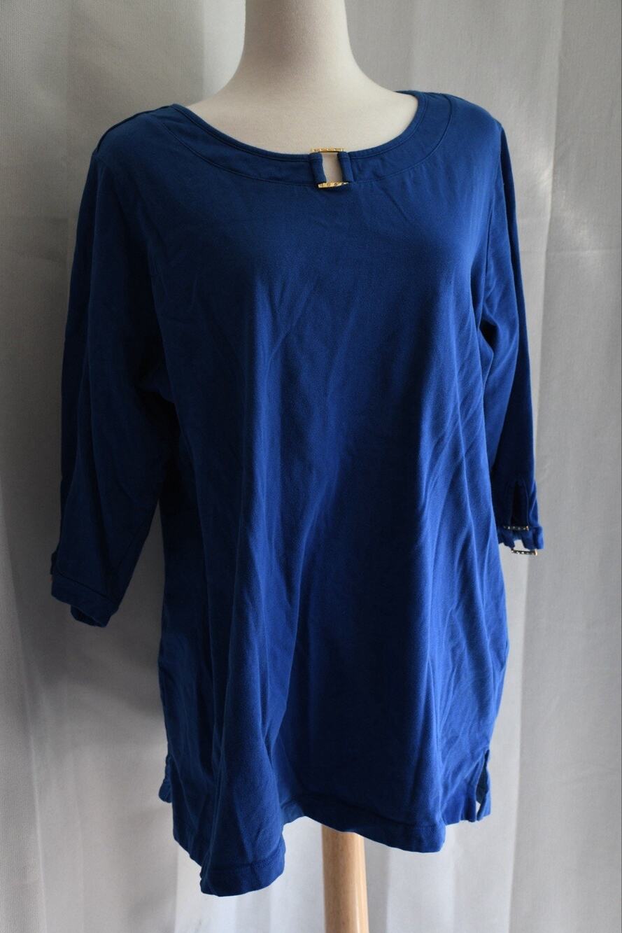 Denim and Company Blue 3/4 Sleeve Shirt Top With Gold Bedazzled Buckles Sz 2X